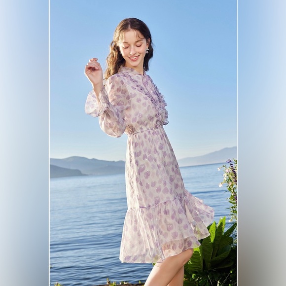 NWT Bow Tie Neck Floral Print Button Front Ruffle Hem A-line Dress Lilac Size S - Picture 2 of 16